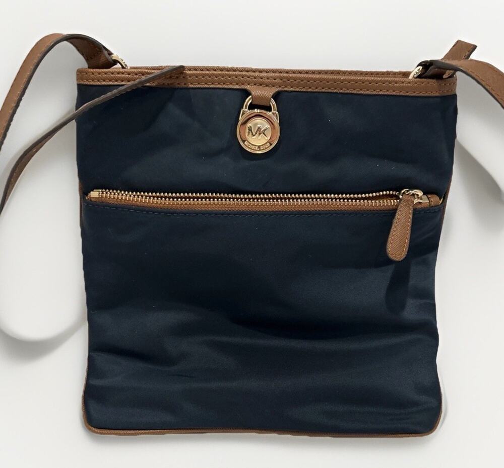 MICHAEL KORS Kempton Navy Nylon Brown Leather Trim Gold Crossbody Bag Purse